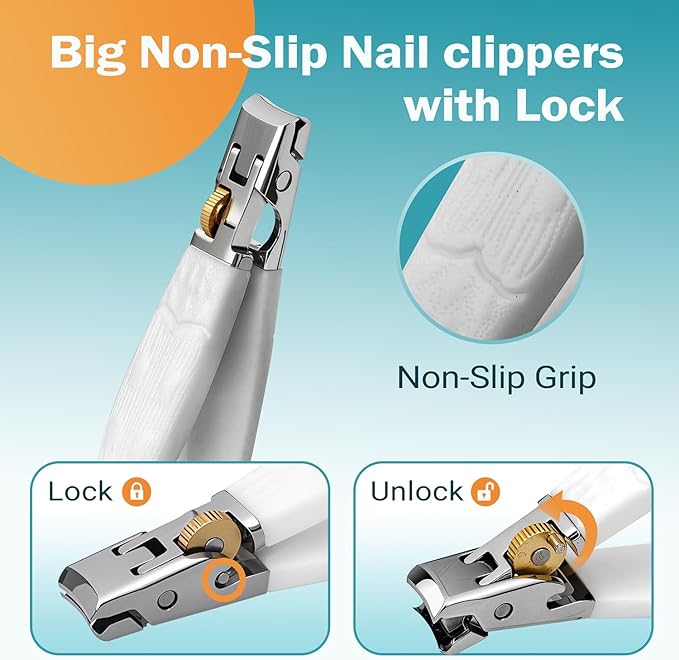 Wide Jaw Anti-Slip Nail Clippers with Safety Lock & Splash Guard – Razor-Sharp Blades for Thick Nails, Heavy Duty Stainless Steel Clipper for Women/Men/Kids/Seniors